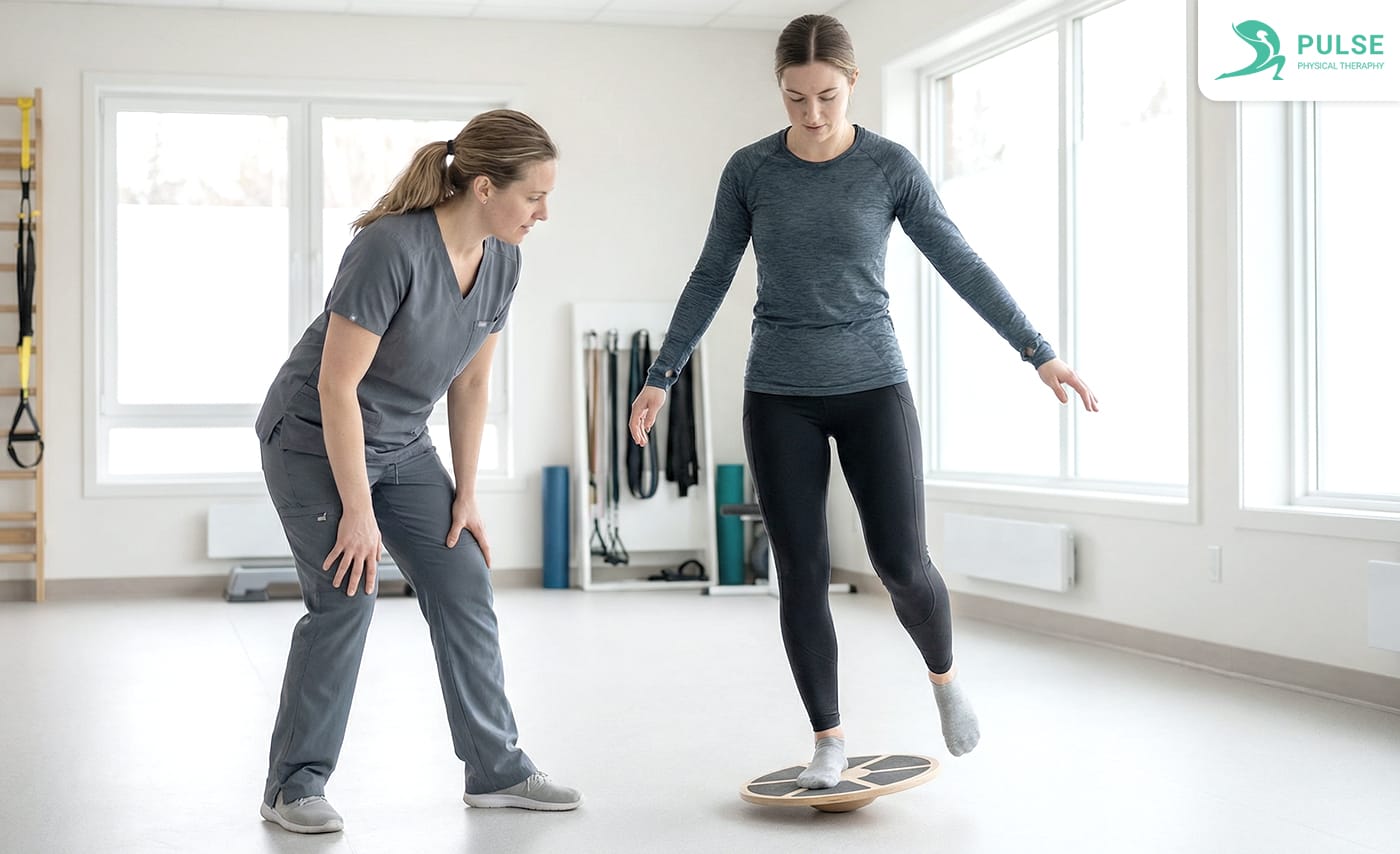 FIMS therapy being used to improve ankle stability and muscle activation in physical therapy clinic