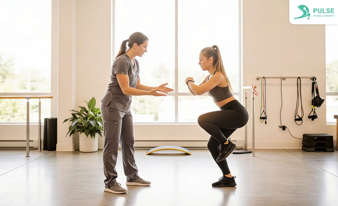 Physical therapist providing ankle and hip rehabilitation for an injured dancer at Pulse Physical Therapy in Hinsdale, IL