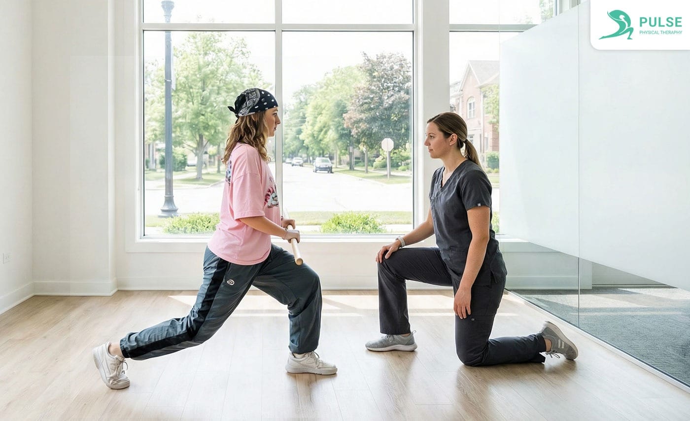 Dance injury treatment session focusing on ankle stability and hip strengthening at a physical therapy clinic in Hinsdale, IL