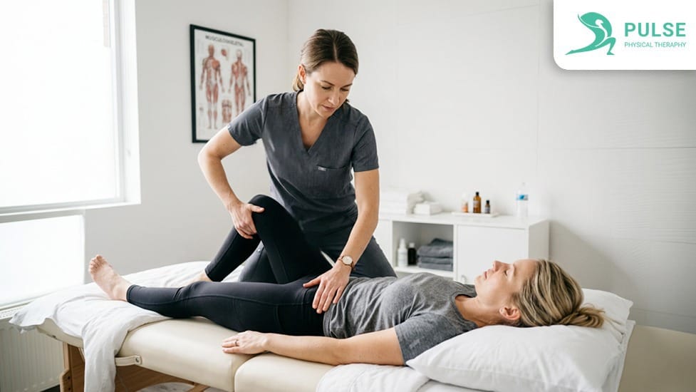 Patient receiving pelvic floor physical therapy treatment to improve mobility and reduce discomfort