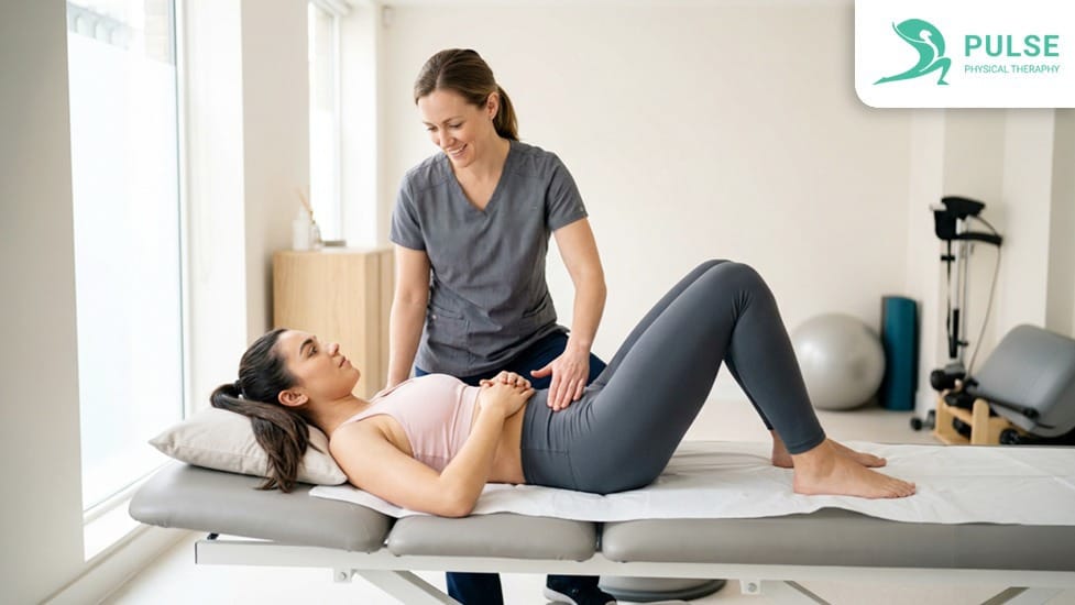 Physical therapist guiding patient through pelvic floor exercises for pain relief in Hinsdale clinic 