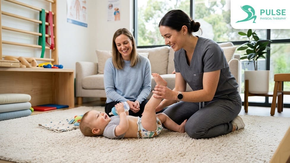 Physical therapist guiding postpartum recovery treatment for urinary incontinence