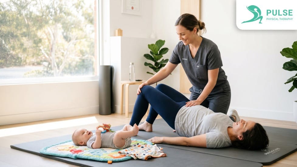 Woman receiving pelvic floor physical therapy for postpartum urinary incontinence in Hinsdale