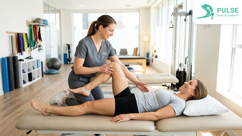 First-time physical therapy patient discussing symptoms and recovery goals with a therapist in Hinsdale