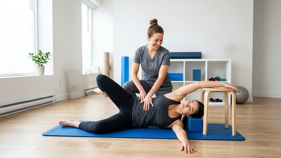 Physical therapist demonstrating scoliosis home exercises to improve spinal mobility and core strength