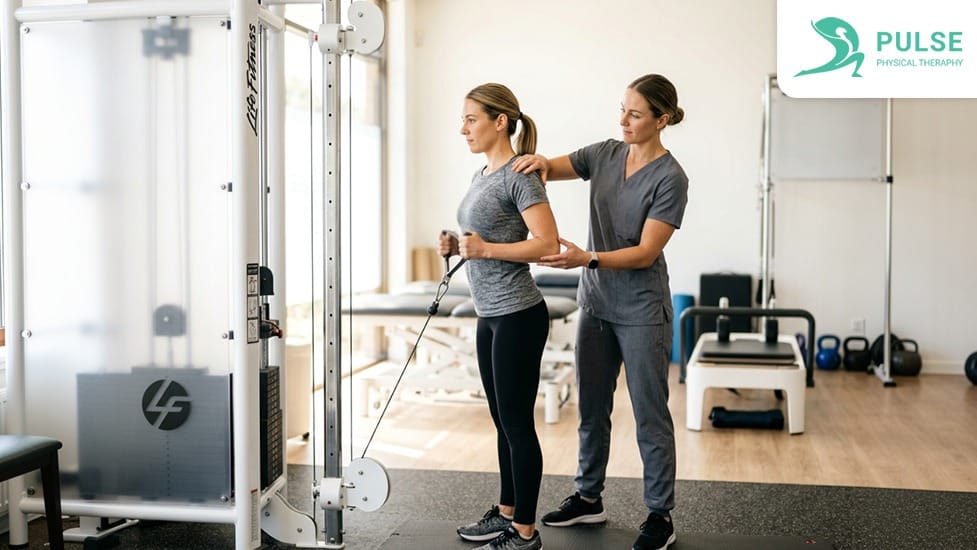 Physical therapist guiding a patient through sports injury rehabilitation exercises in Hinsdale