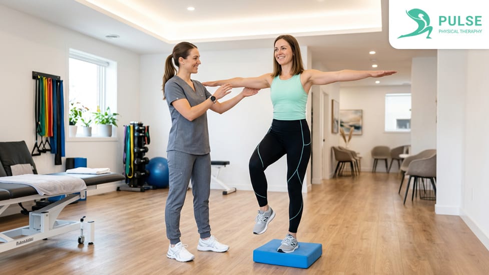 Physical therapist performing a movement assessment during a first physical therapy appointment in Hinsdale