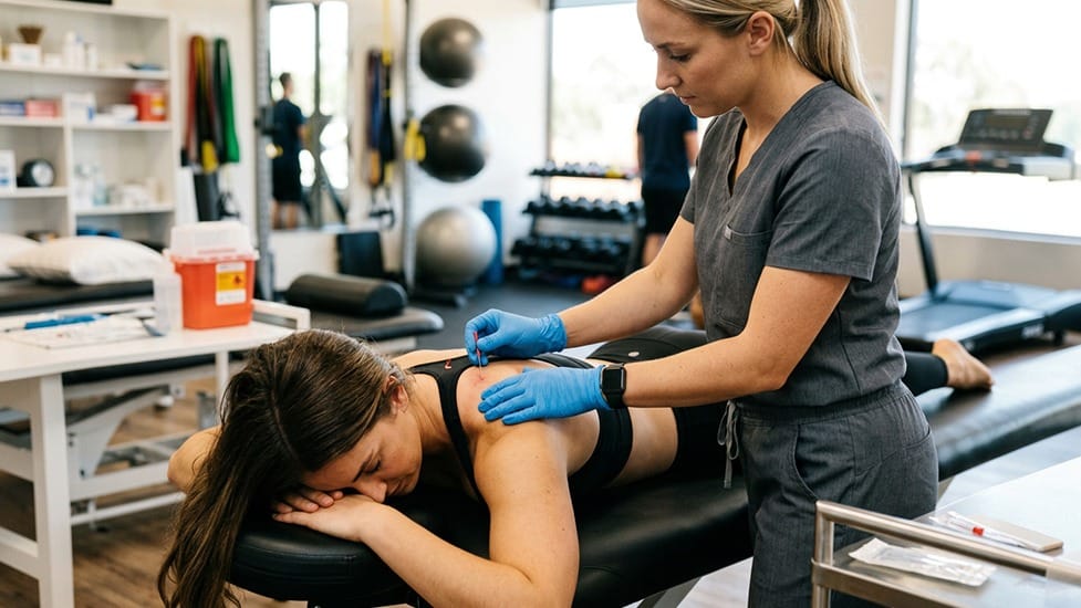 Physical therapist using dry needling to relieve muscle tightness and improve mobility during rehabilitation