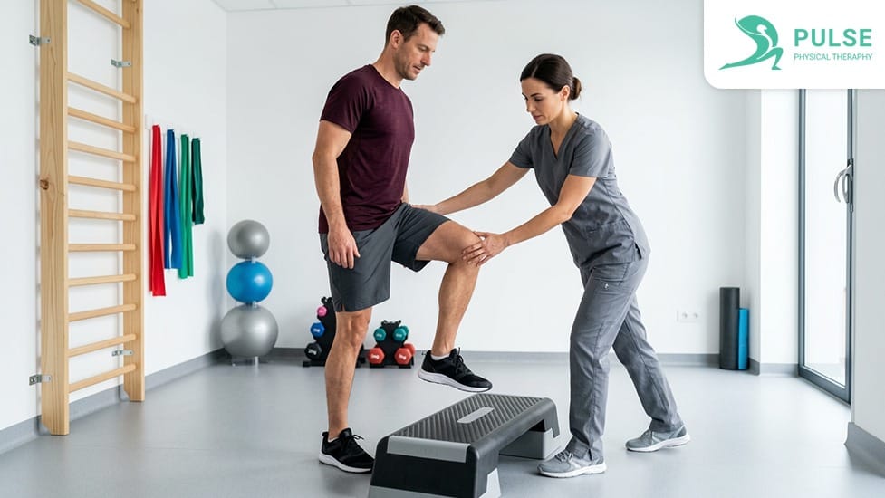 Physical therapist evaluating knee pain without injury in Hinsdale