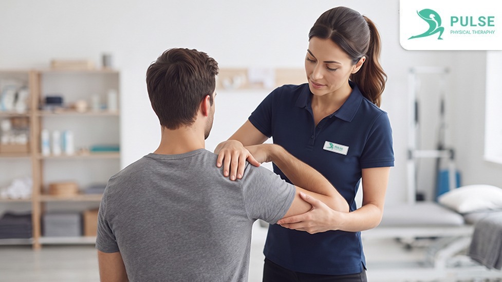 Physical therapist guiding a patient through sports injury rehabilitation exercises in Hinsdale