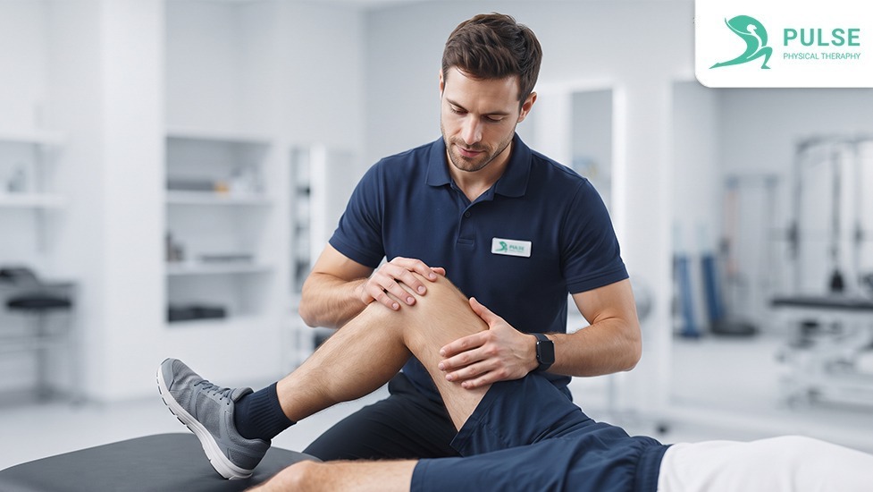 Sports physical therapist assessing a patients movement and pain to identify possible sports injuries